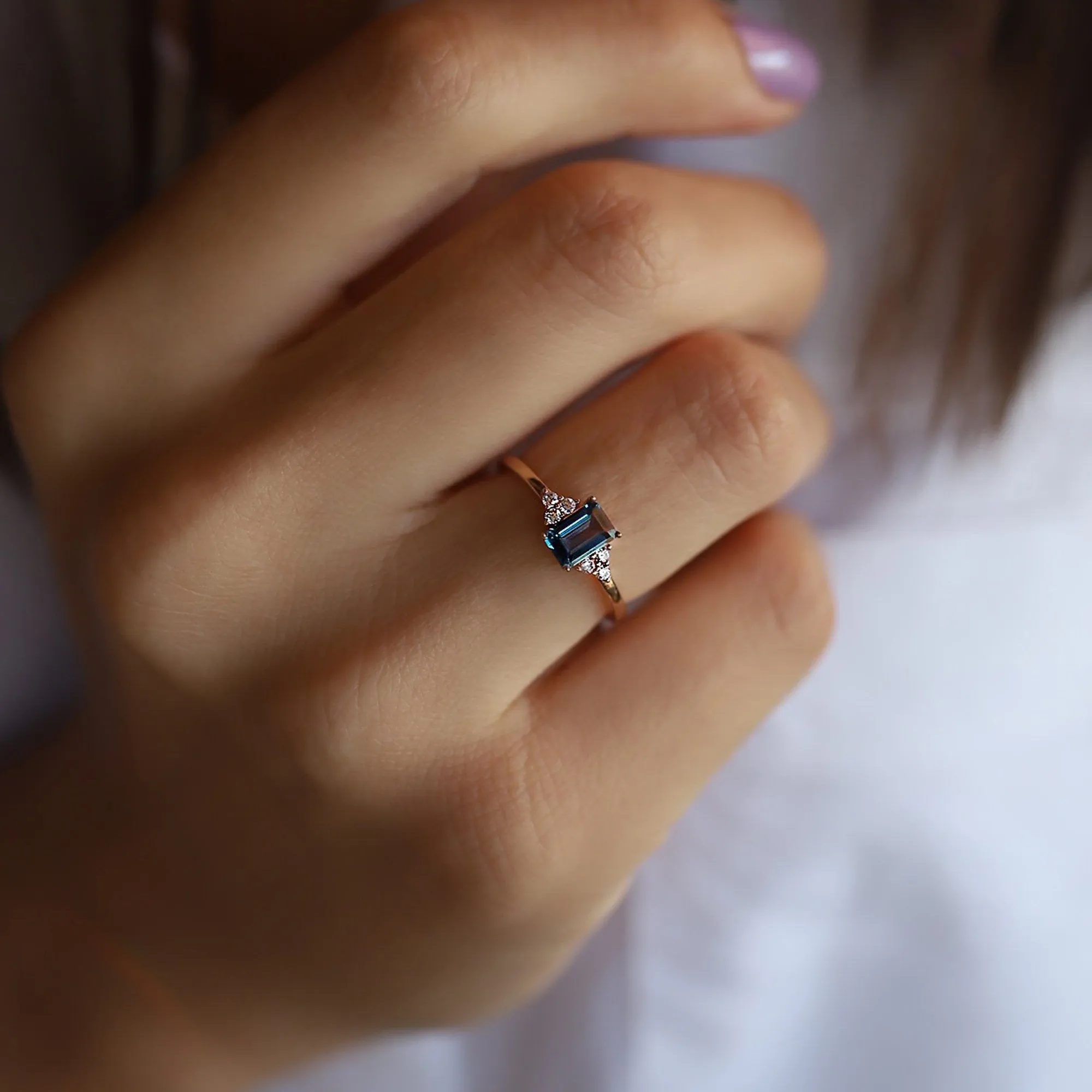 14k Gold Baguette Stone Blue Topaz Ring