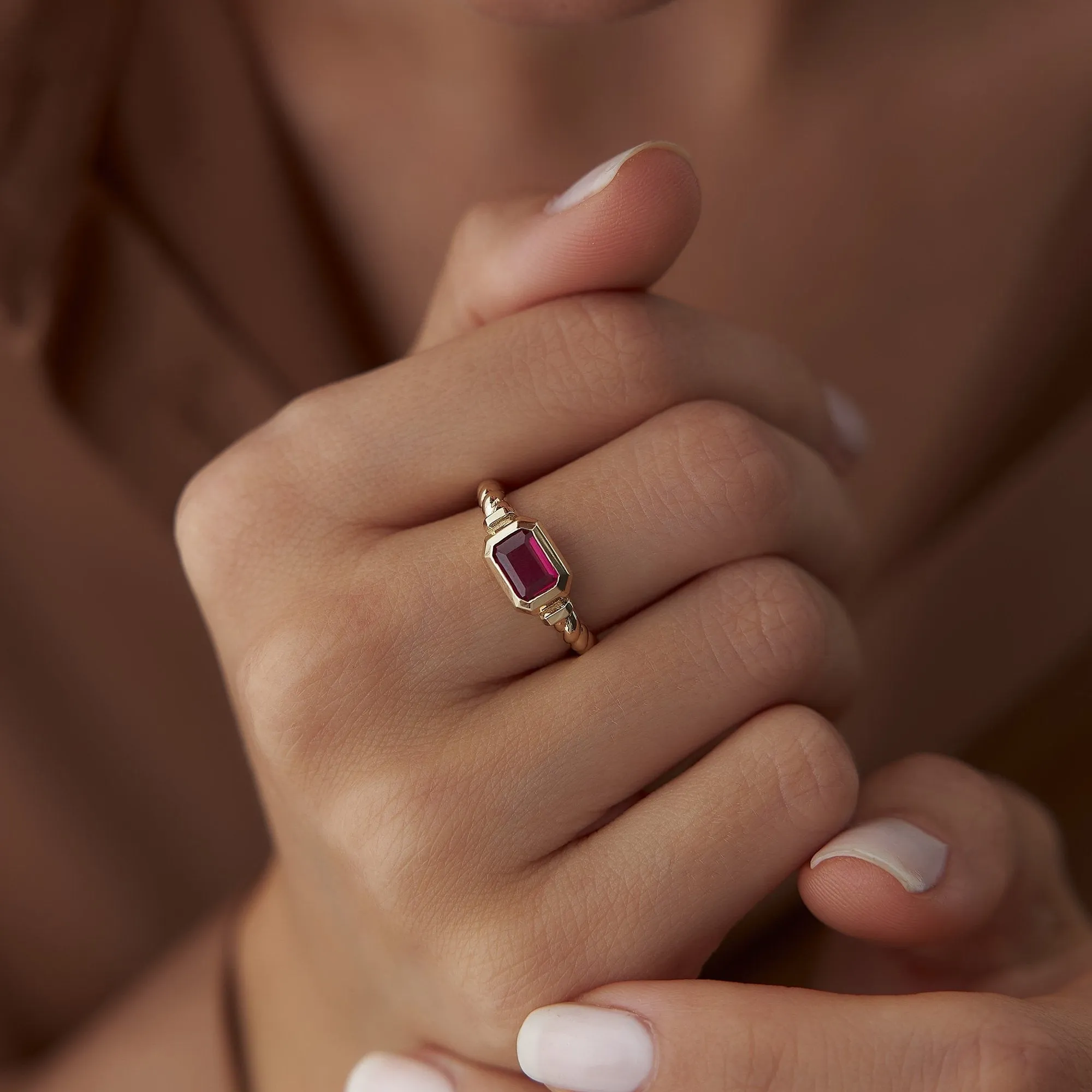 14k Gold Ruby Baguette Twist Ring