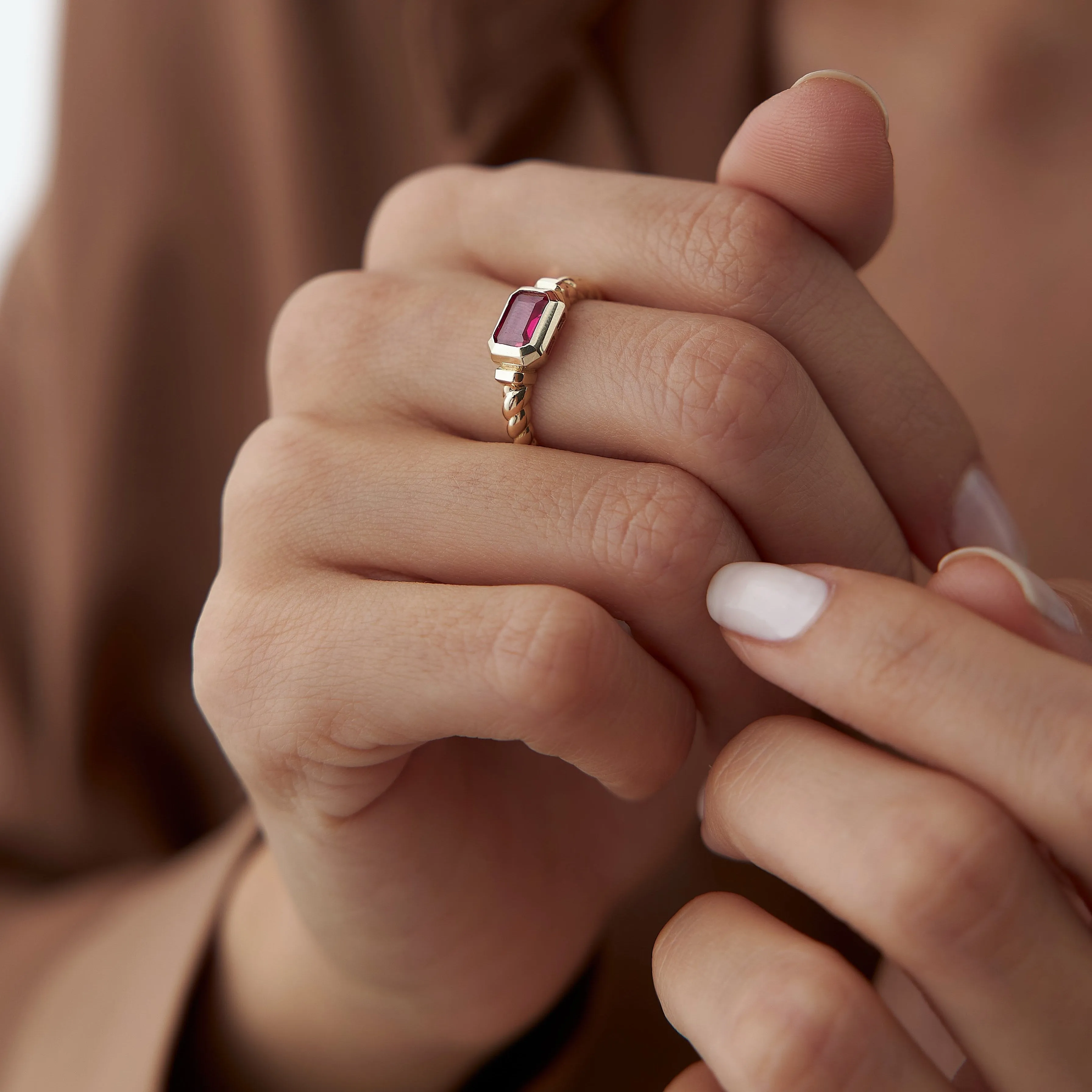 14k Gold Ruby Baguette Twist Ring