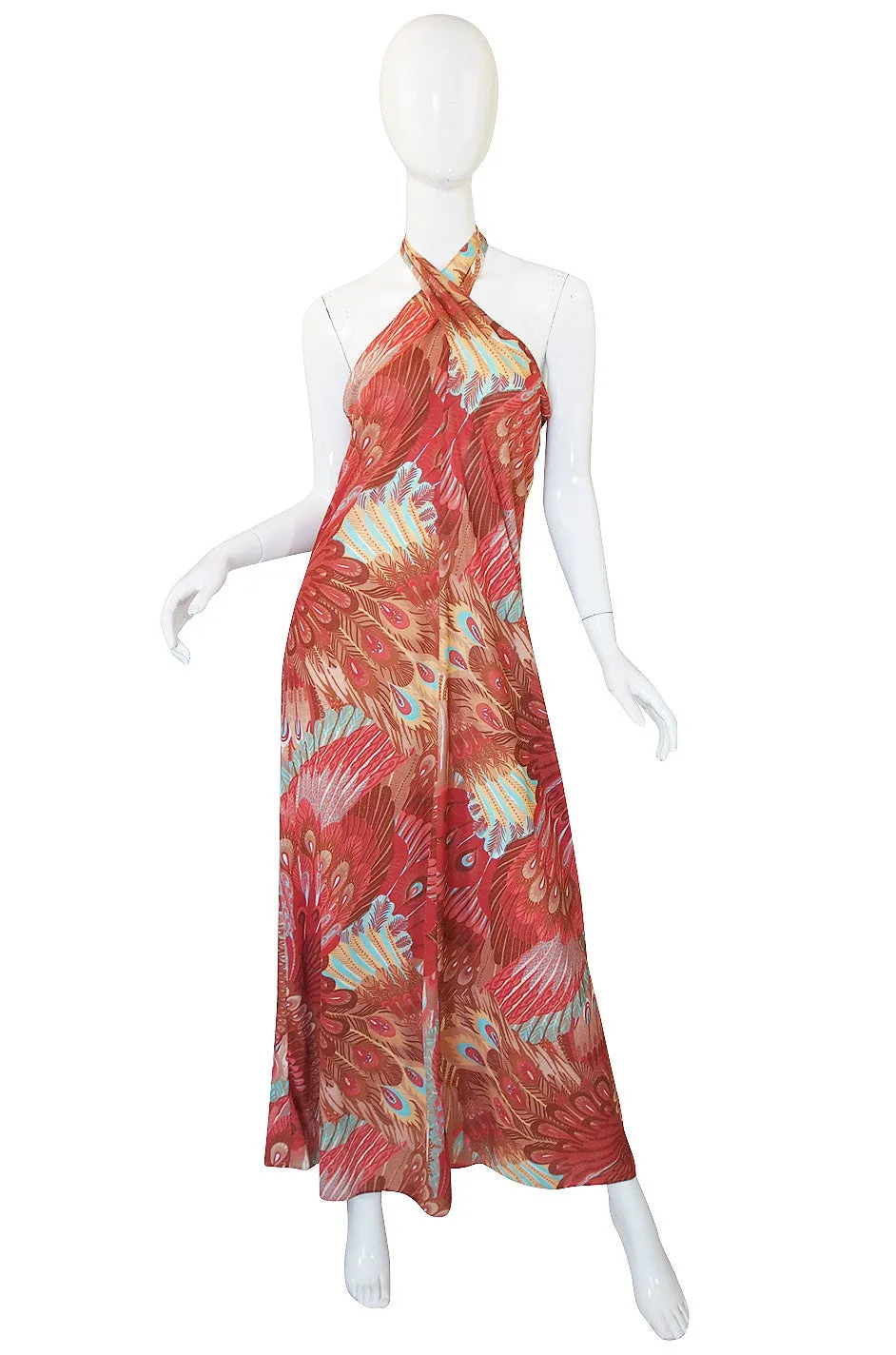 1970s Feather Print John Kloss Halter Dress
