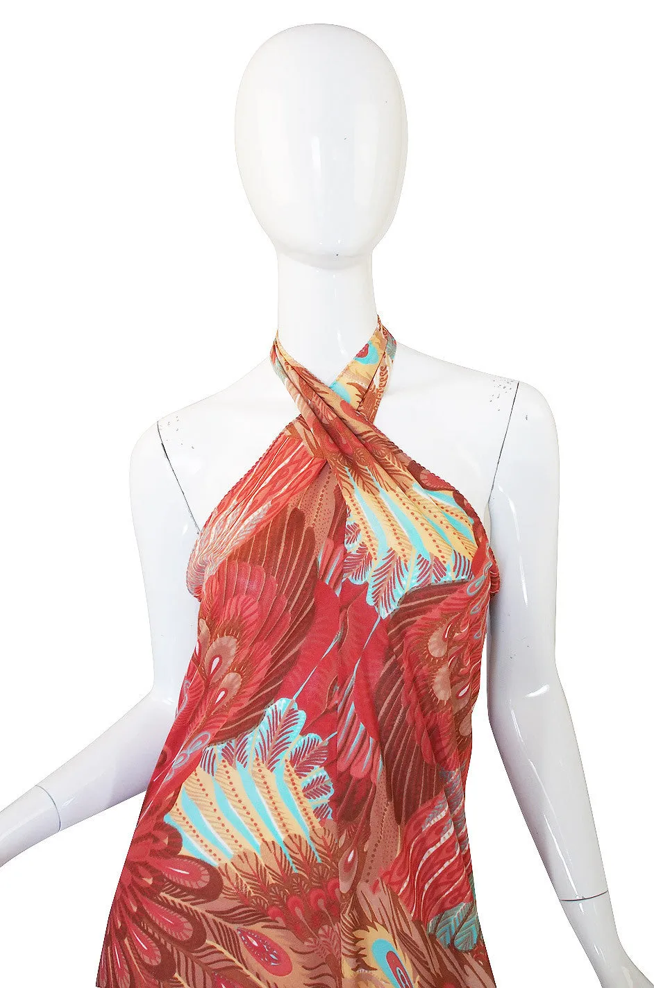 1970s Feather Print John Kloss Halter Dress