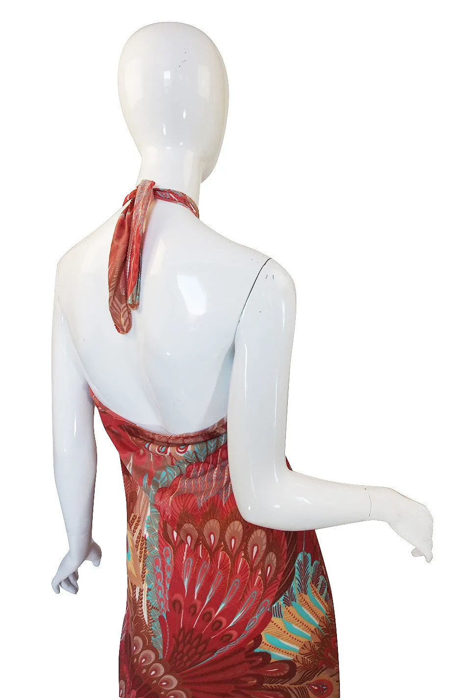 1970s Feather Print John Kloss Halter Dress