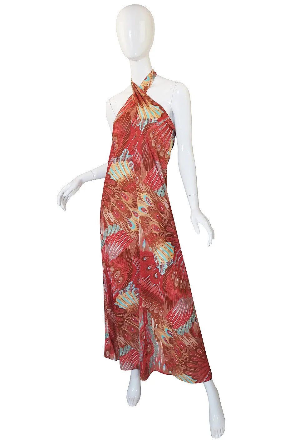 1970s Feather Print John Kloss Halter Dress