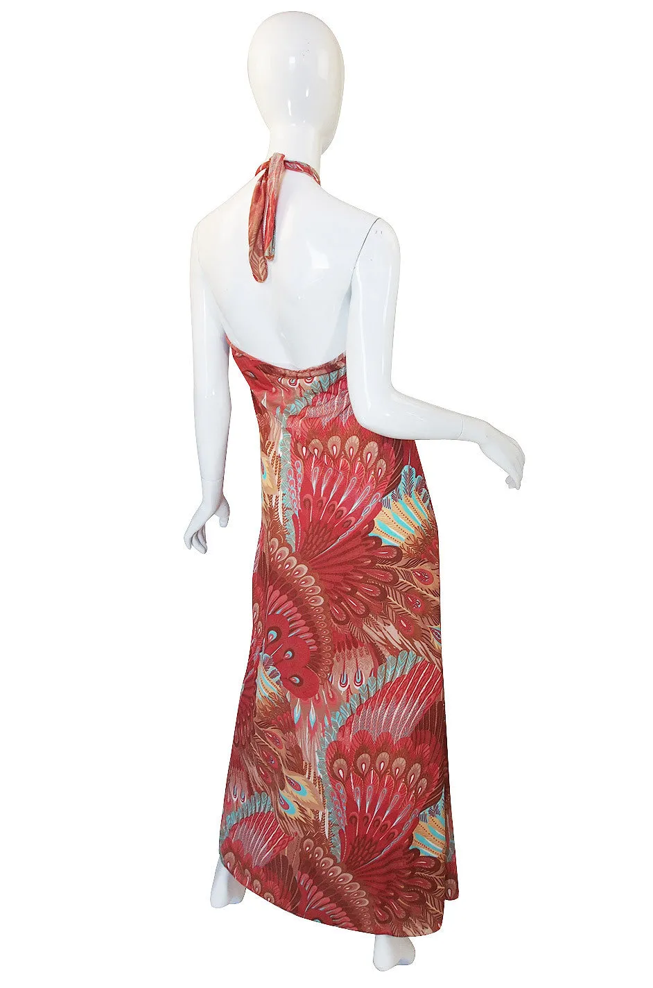 1970s Feather Print John Kloss Halter Dress