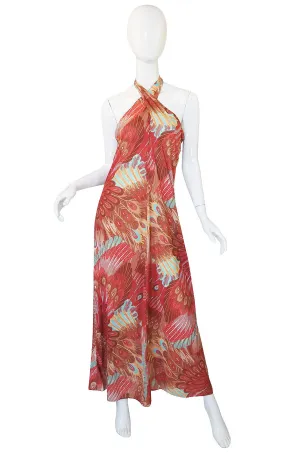 1970s Feather Print John Kloss Halter Dress