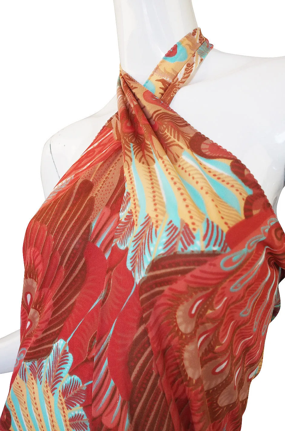 1970s Feather Print John Kloss Halter Dress