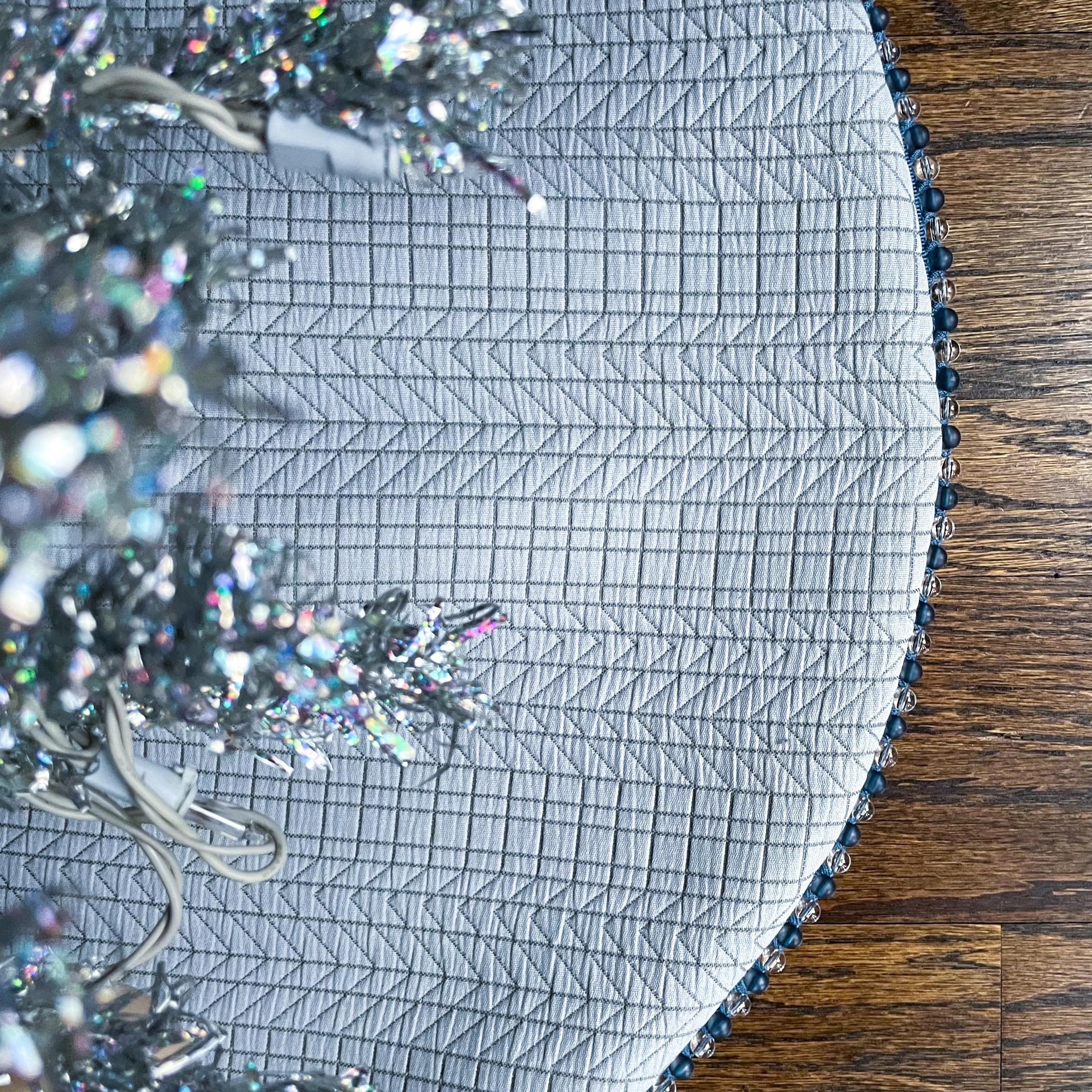 30" Blue and Gray Christmas Tree Skirt with Beads | Reversible