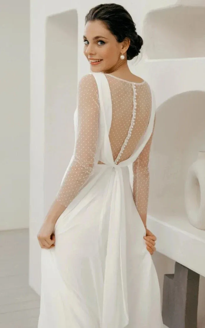 A-Line Chiffon Maxi Wedding Dress Minimalist Sleeved Pearl Button Low Back Bridal Gown