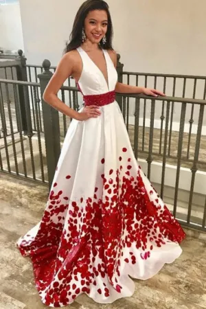 A-Line Deep V-Neck Floral Satin Prom with Beading Sweep Train Evening Dress