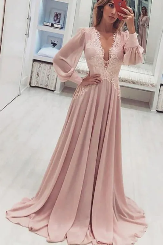 A-Line Deep V-Neck Pink Prom Dress with Appliques Long Sleeves