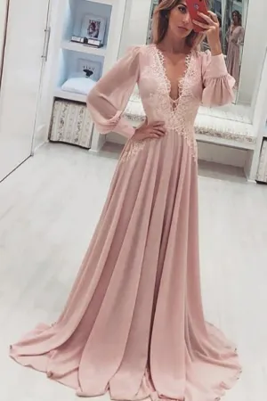 A-Line Deep V-Neck Pink Prom Dress with Appliques Long Sleeves