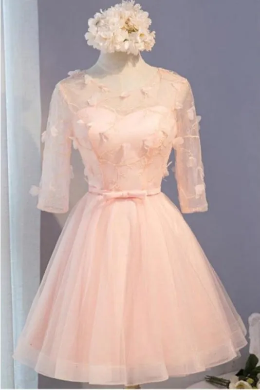 A Line Half Sleeves Knee Length Tulle Dress with Flowers Short Prom Dresses