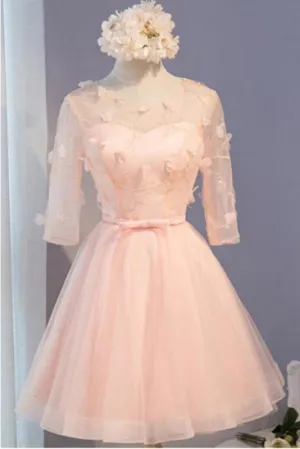 A Line Half Sleeves Knee Length Tulle Dress with Flowers Short Prom Dresses