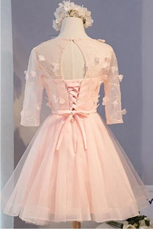 A Line Half Sleeves Knee Length Tulle Dress with Flowers Short Prom Dresses