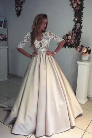 A-line Half Sleeves V-neck Ruched Prom with Lace Top Long Evening Dress