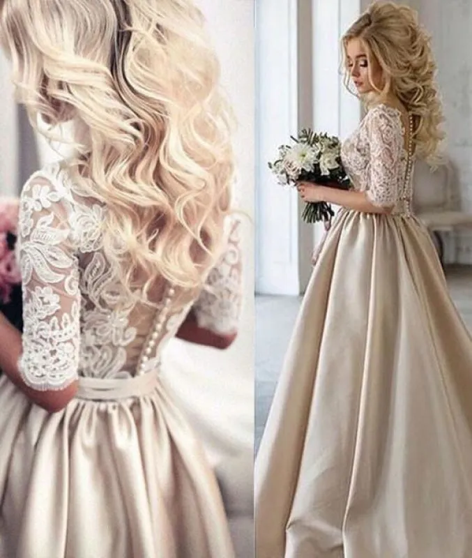 A-line Half Sleeves V-neck Ruched Prom with Lace Top Long Evening Dress