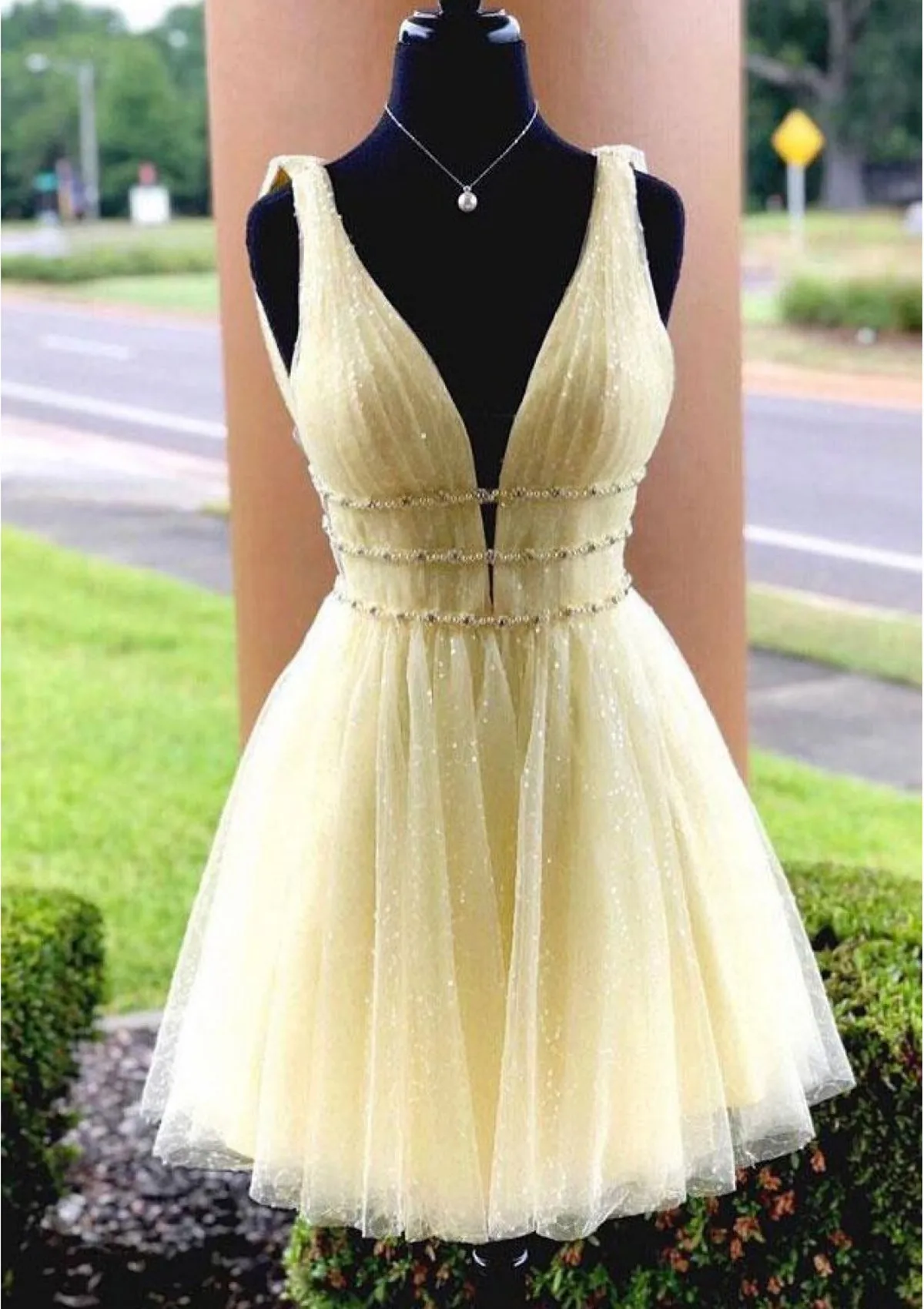A-line Plunging Sleeveless Tulle Short Mini Homecoming Dress, Beading Glitter