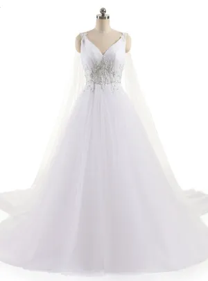 A-Line Sexy V Neck Custom Made Beaded Appliques Wedding Dresses