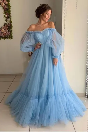 A Line Sleeve Off the Shoulder Long Prom Blue Tulle Floor Length Formal Dress