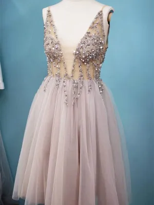 A Line V Neck Short Gray Beaded Prom Dresses, Short Grey Formal Homecoming Dresses with Beading