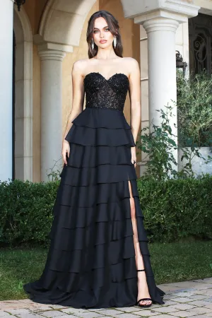AD 3216 - Strapless A-Line Prom Gown with Layered Ruffle Skirt Sheer Beaded Lace Adorned Corset Top Open Lace Up Back & Leg Slit