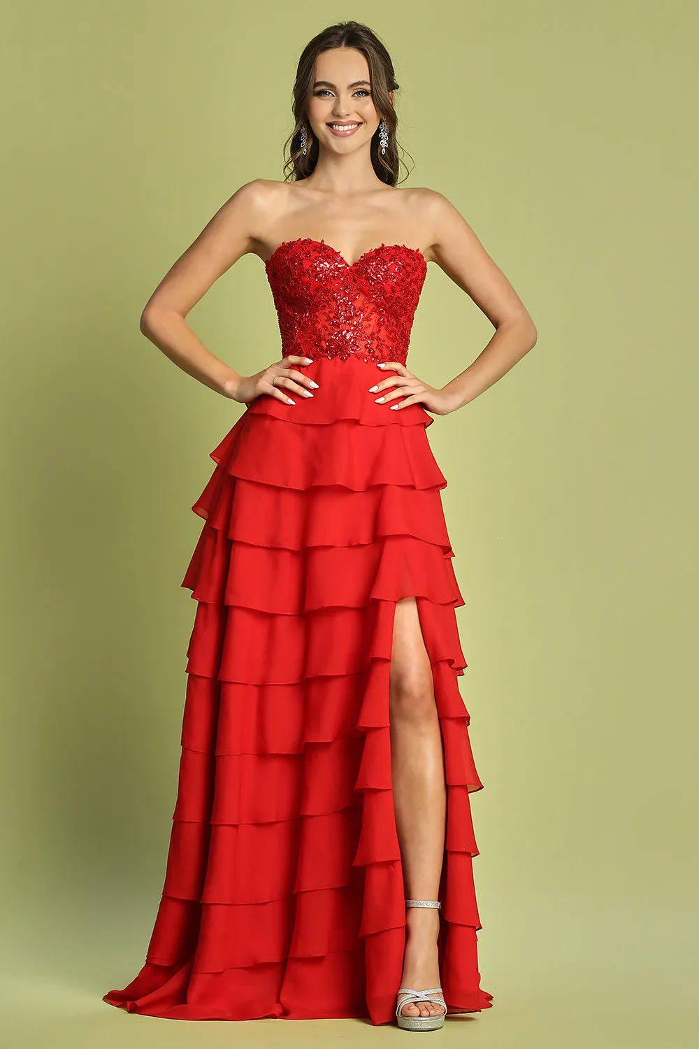 AD 3216 - Strapless A-Line Prom Gown with Layered Ruffle Skirt Sheer Beaded Lace Adorned Corset Top Open Lace Up Back & Leg Slit