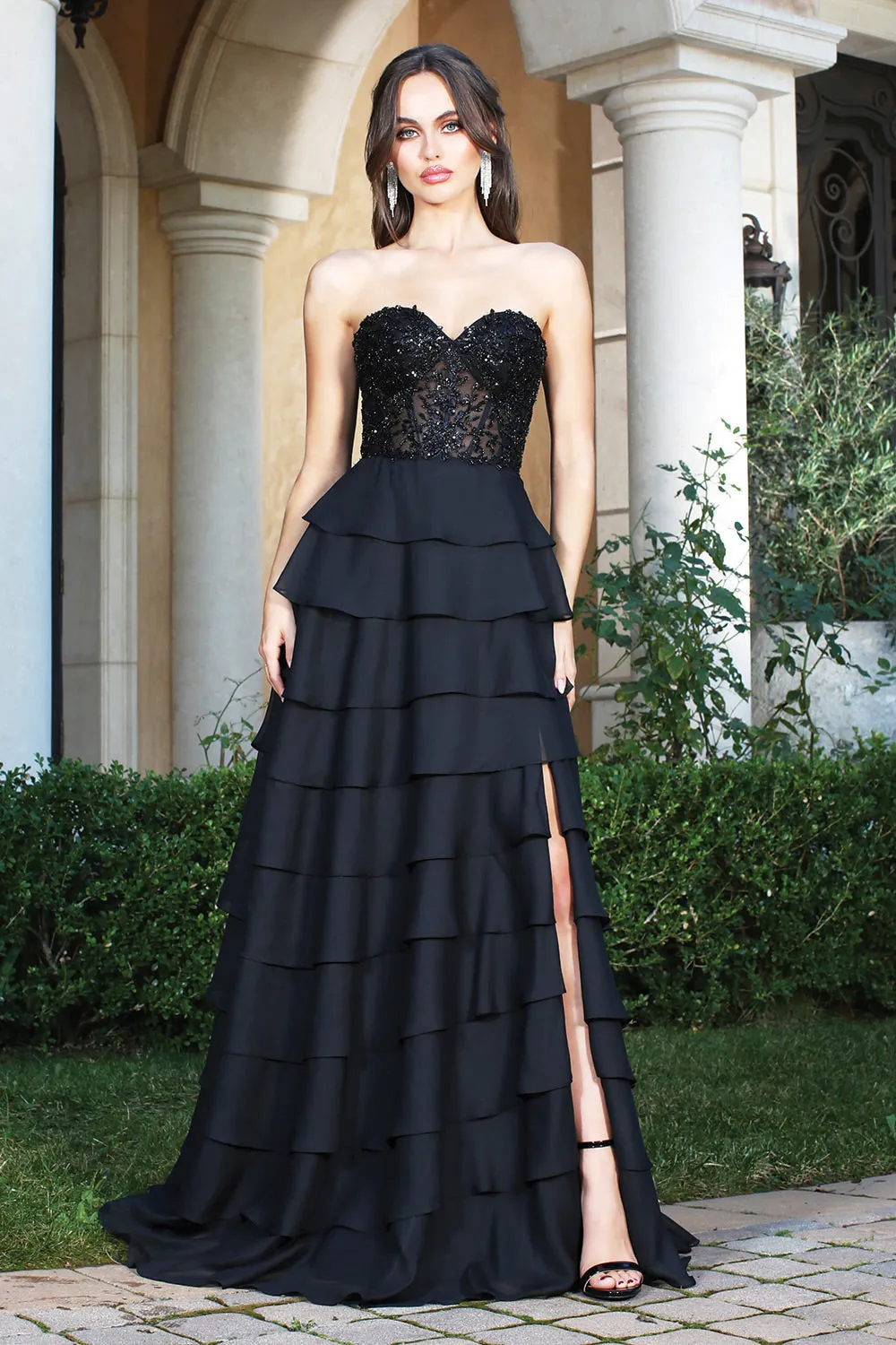 AD 3216 - Strapless A-Line Prom Gown with Layered Ruffle Skirt Sheer Beaded Lace Adorned Corset Top Open Lace Up Back & Leg Slit