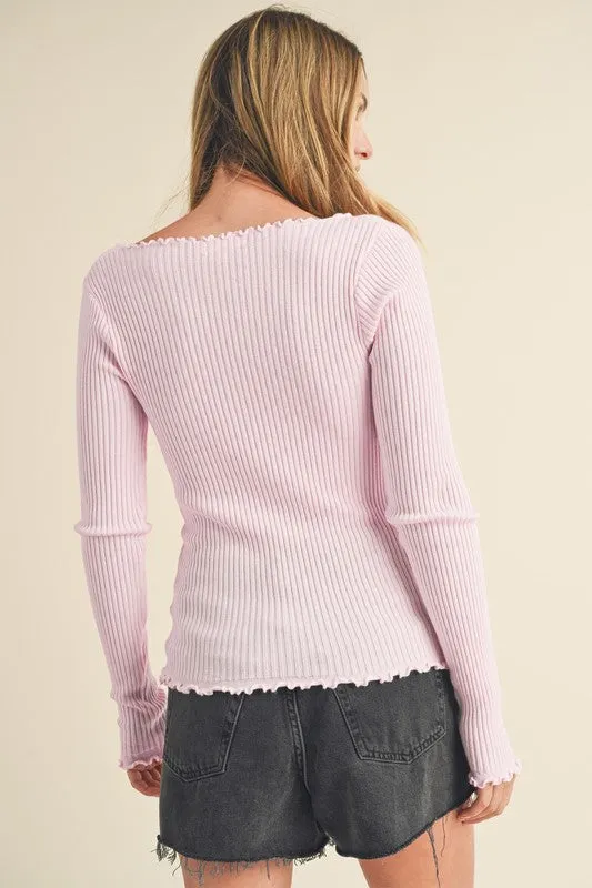 Aemi   Co Lettuce Hem Scoop Neck Long Sleeve Knit Top