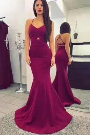 Amaranth Red Spaghetti Straps Mermaid Sweep Train Prom Dress with Criss Cross Back
