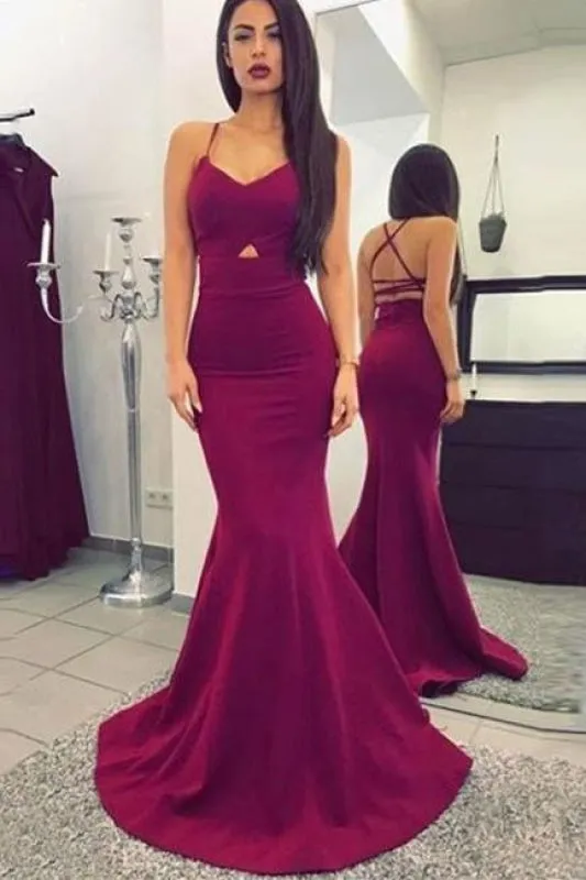 Amaranth Red Spaghetti Straps Mermaid Sweep Train Prom Dress with Criss Cross Back