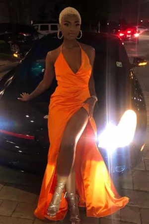 Amazing Halter Sleeveless Side Slit Prom Dresses