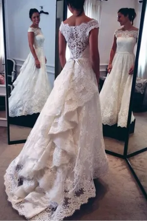 Anneprom Classic Off-The-Shoulder Tiered Lace A-Line Wedding Dress APW0100