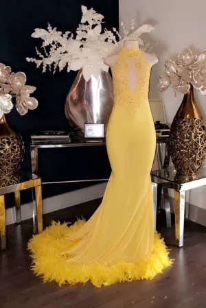 Attractive Yellow Halter Sleeveless Open Back Long Mermaid Prom Dresses