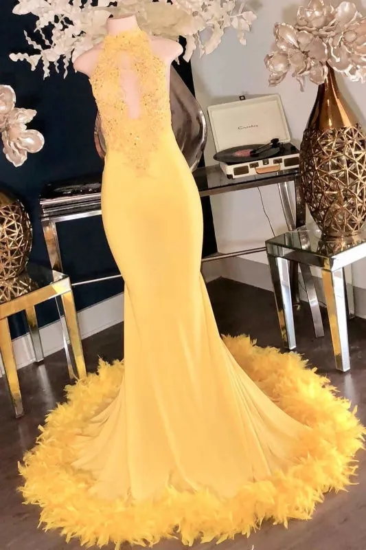 Attractive Yellow Halter Sleeveless Open Back Long Mermaid Prom Dresses
