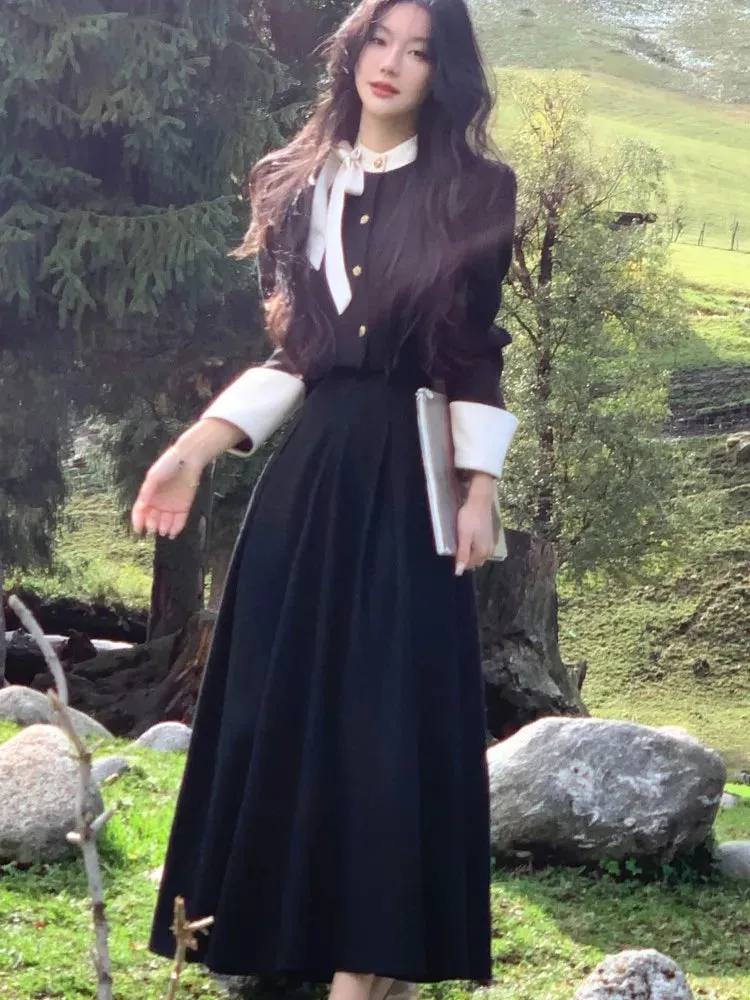 Autumn Two-Piece Set Long Sleeve Cropped Jacket & Pleated Long Skirt