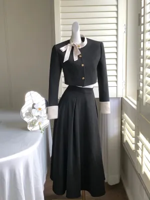 Autumn Two-Piece Set Long Sleeve Cropped Jacket & Pleated Long Skirt