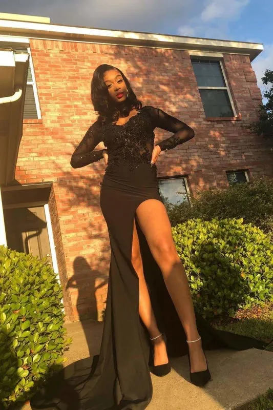 Awesome Long Sleeves Side Slit Lace Long Prom Dresses