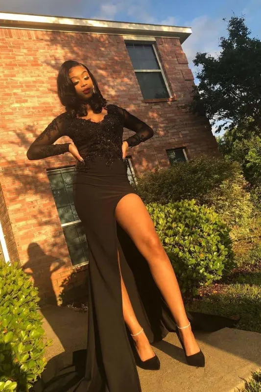 Awesome Long Sleeves Side Slit Lace Long Prom Dresses
