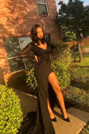 Awesome Long Sleeves Side Slit Lace Long Prom Dresses