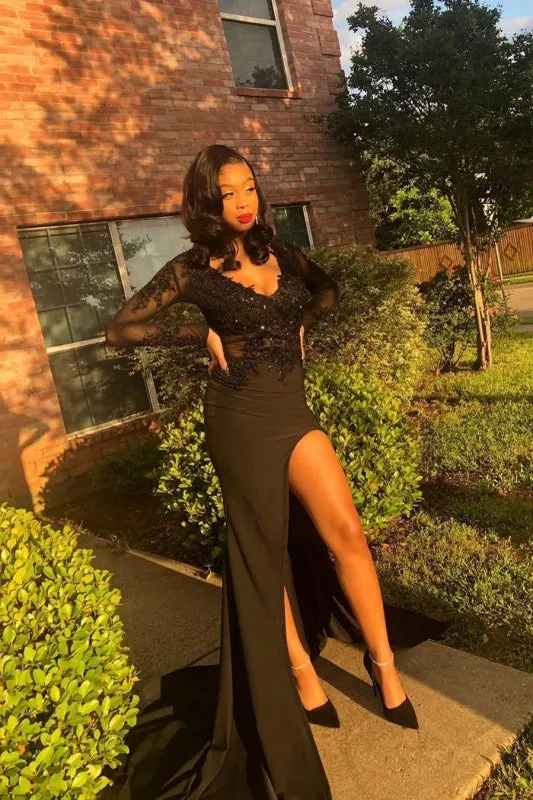 Awesome Long Sleeves Side Slit Lace Long Prom Dresses