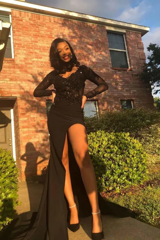 Awesome Long Sleeves Side Slit Lace Long Prom Dresses