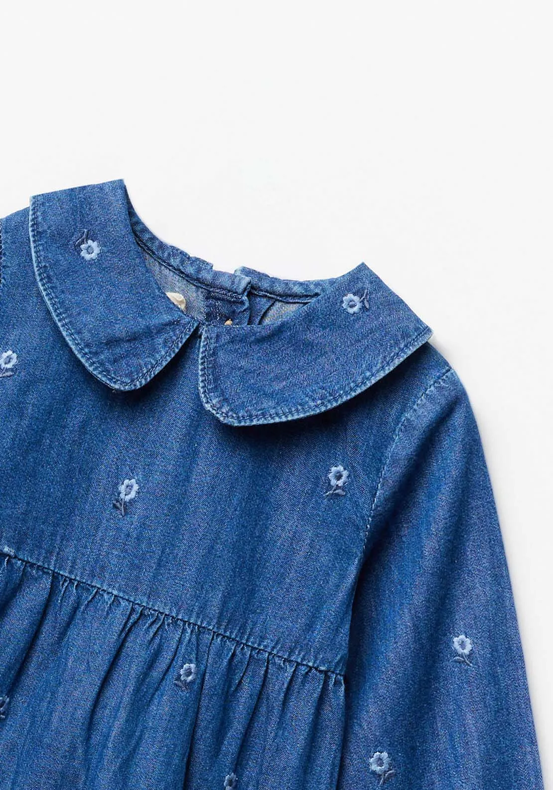 Baby Girl Flower Emb Denim Dress - Blue