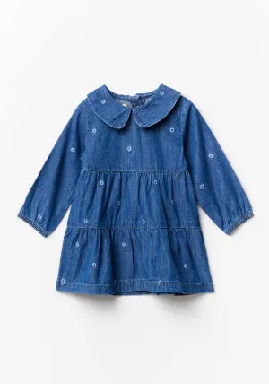 Baby Girl Flower Emb Denim Dress - Blue