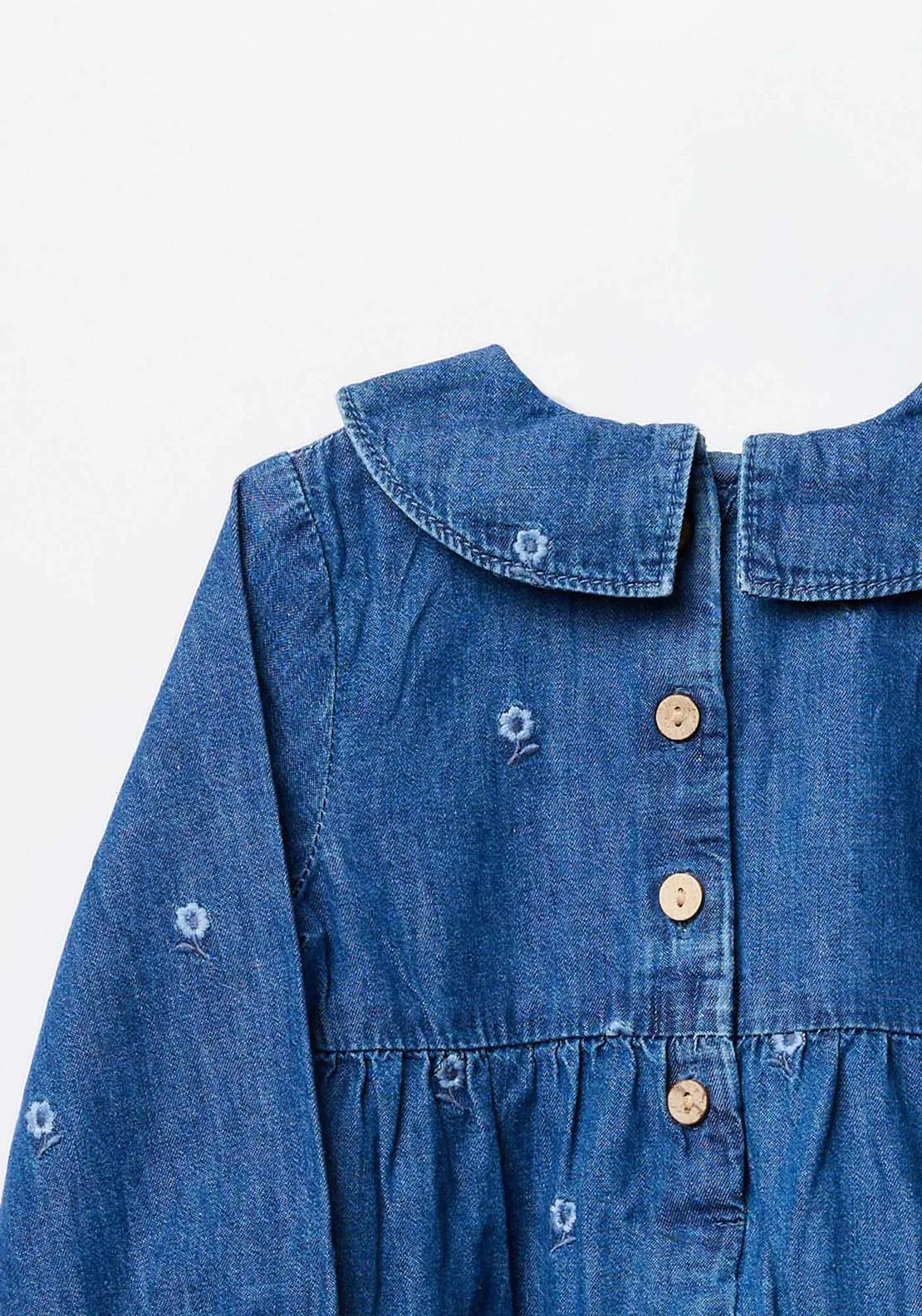 Baby Girl Flower Emb Denim Dress - Blue