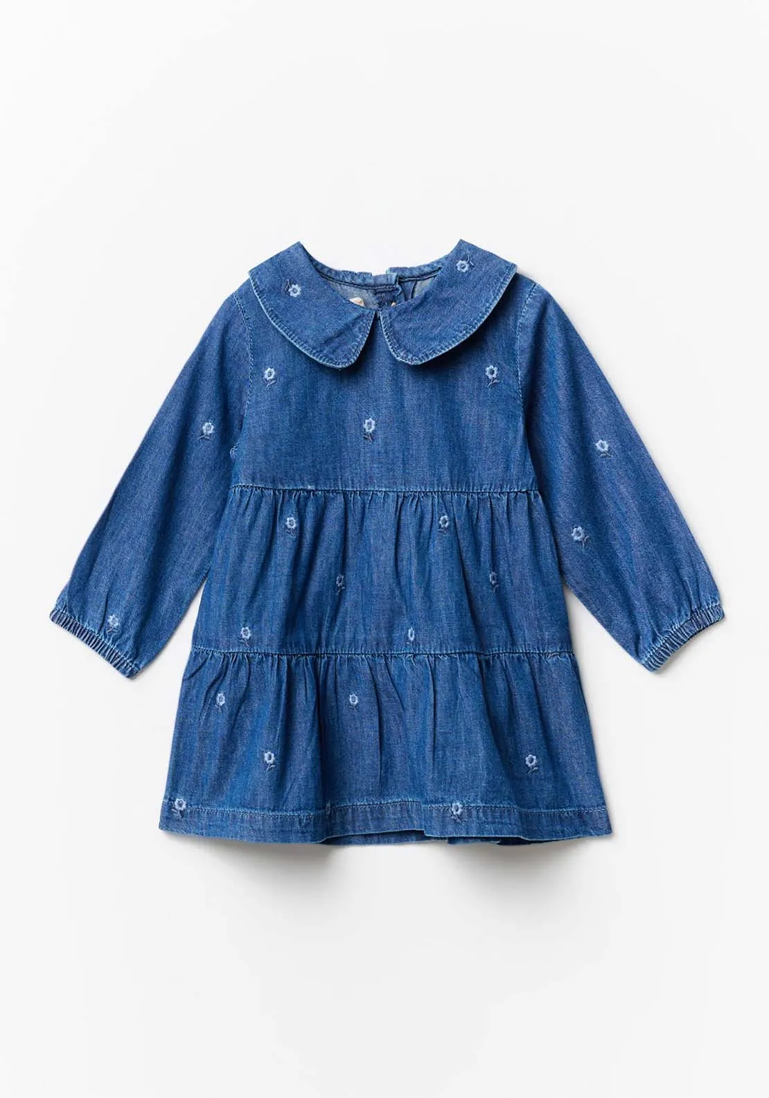 Baby Girl Flower Emb Denim Dress - Blue