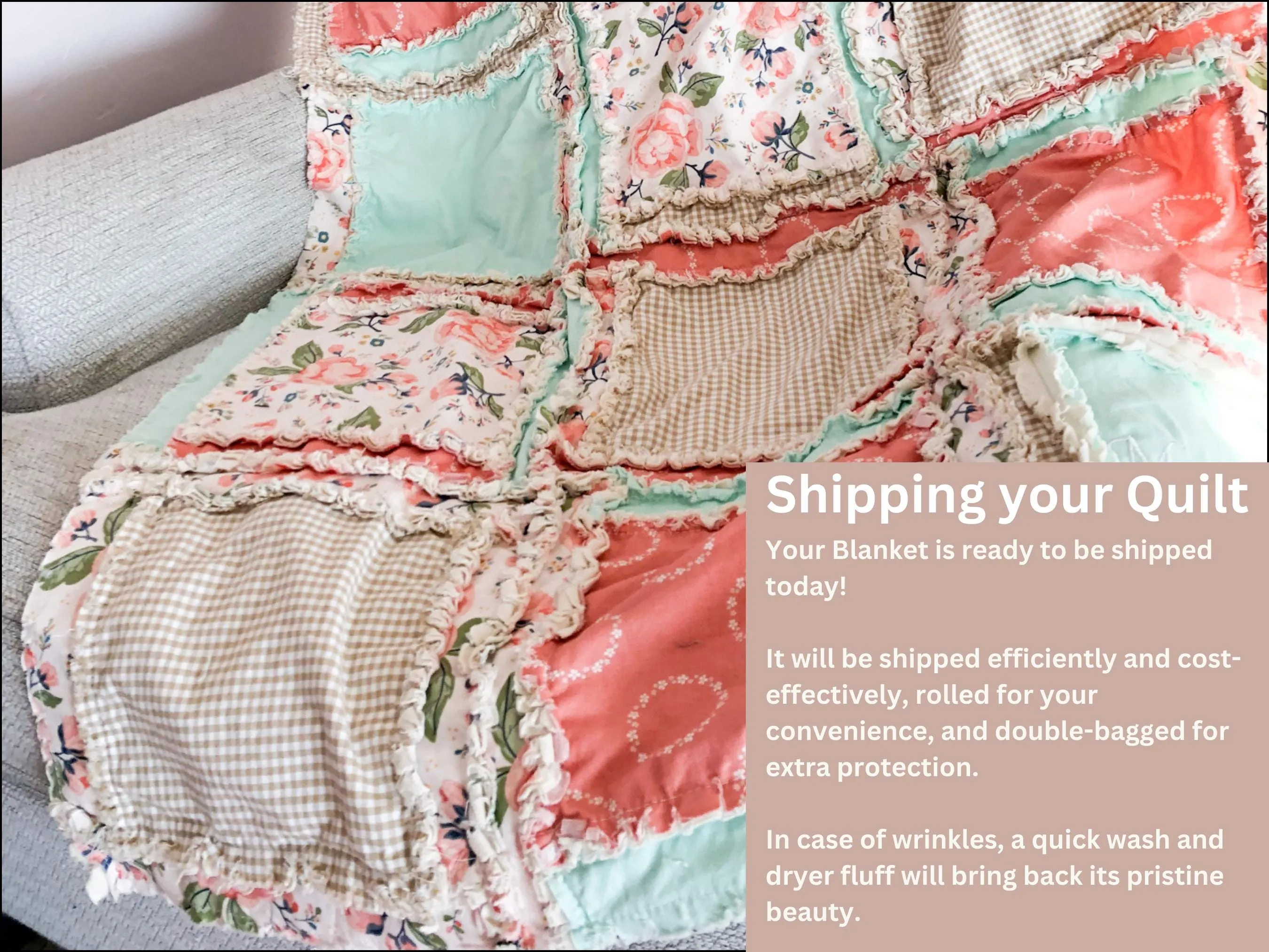 Baby Girl Rag Quilt, Floral Boho Comforter, Coral Pink, Mint Green, and Tan Nursery Decor, Baby Shower Gift for Girls