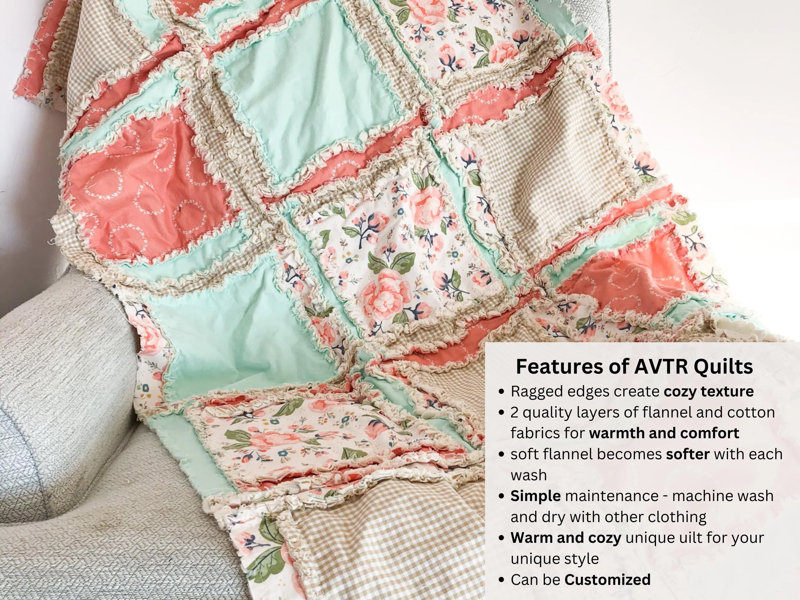 Baby Girl Rag Quilt, Floral Boho Comforter, Coral Pink, Mint Green, and Tan Nursery Decor, Baby Shower Gift for Girls