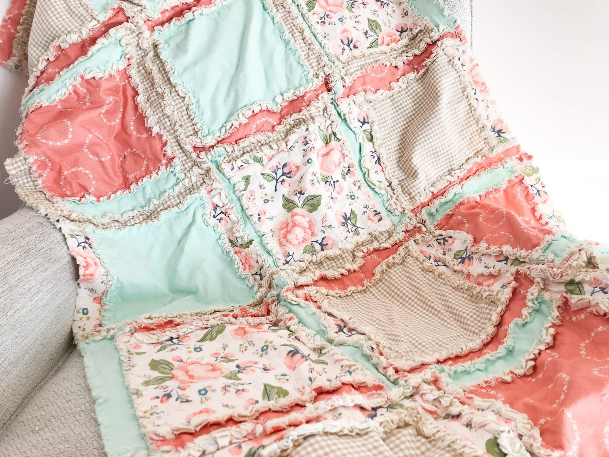 Baby Girl Rag Quilt, Floral Boho Comforter, Coral Pink, Mint Green, and Tan Nursery Decor, Baby Shower Gift for Girls