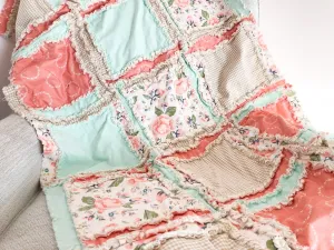 Baby Girl Rag Quilt, Floral Boho Comforter, Coral Pink, Mint Green, and Tan Nursery Decor, Baby Shower Gift for Girls