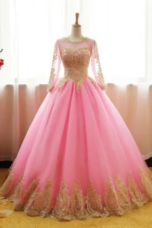 Ball Gown Pink Tulle Prom with Gold Appliques Long Sleeves Quinceanera Dress